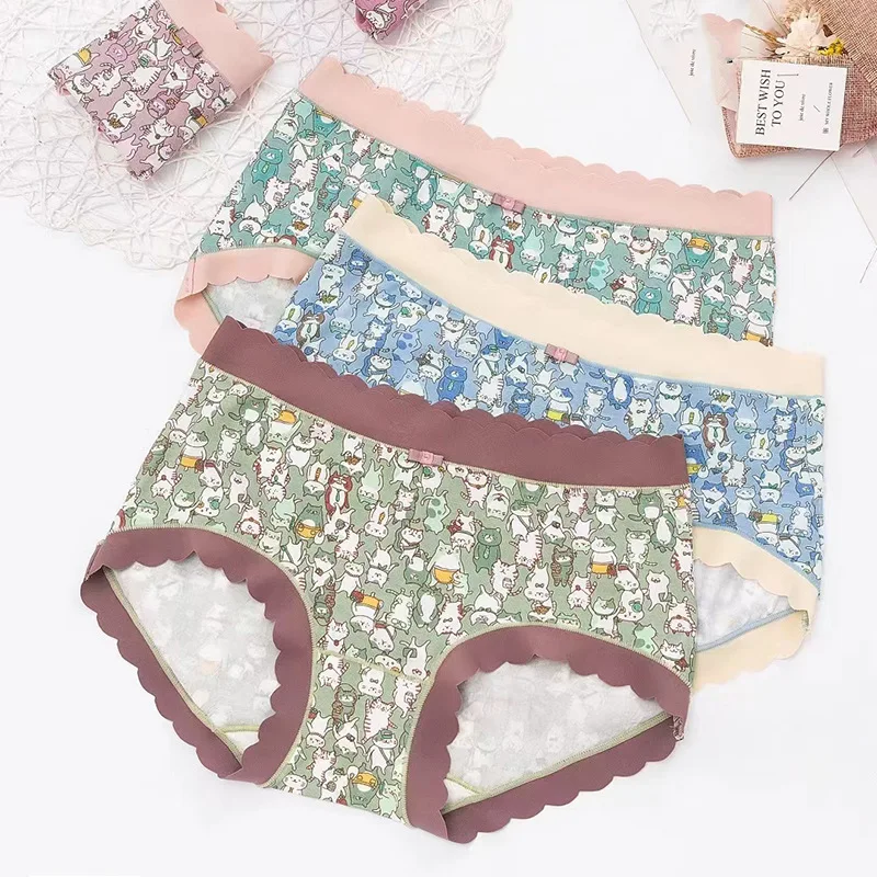 3PCS/Set Women Panties Mid Waist Traceless Soft Thin Lingeries Breathable Puss Print Underwears Plus Size 6XL Briefs