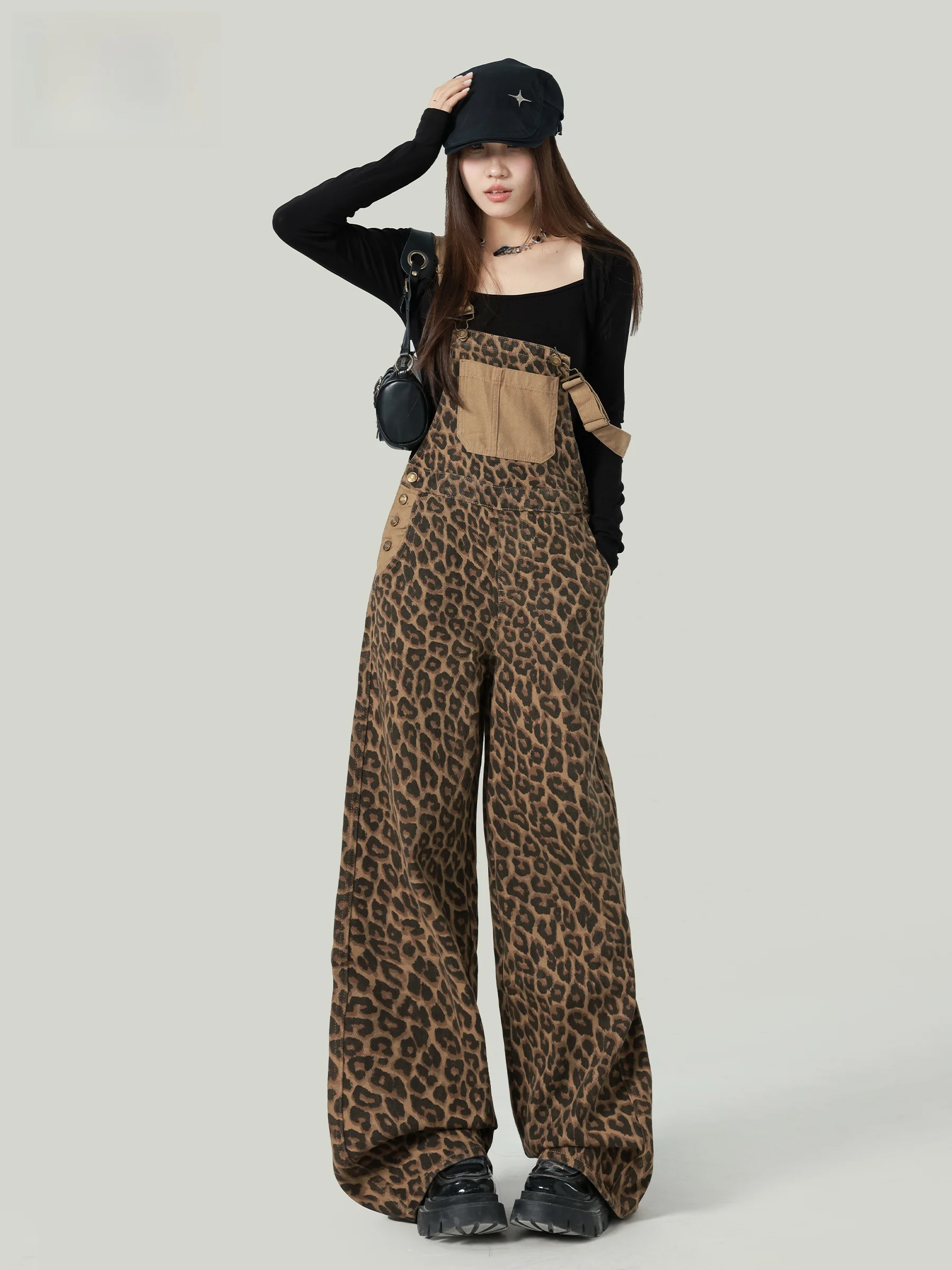 

Американские ретро-комбинезоны с леопардовым принтом, джинсы для женщин, с высокой талией, свободные широкие брюки, стройнящий дизайн, осенняя новинка, повседневная одежда