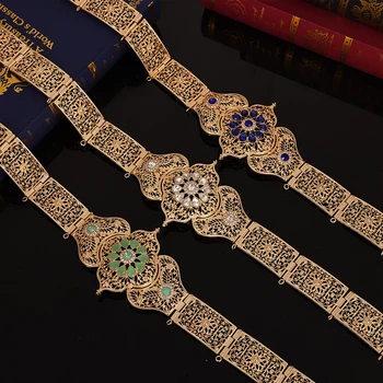 Moroccan women belt chain gold color algerian kaftan belt mint green blue crystal Hollow african waist beads wedding jewelry