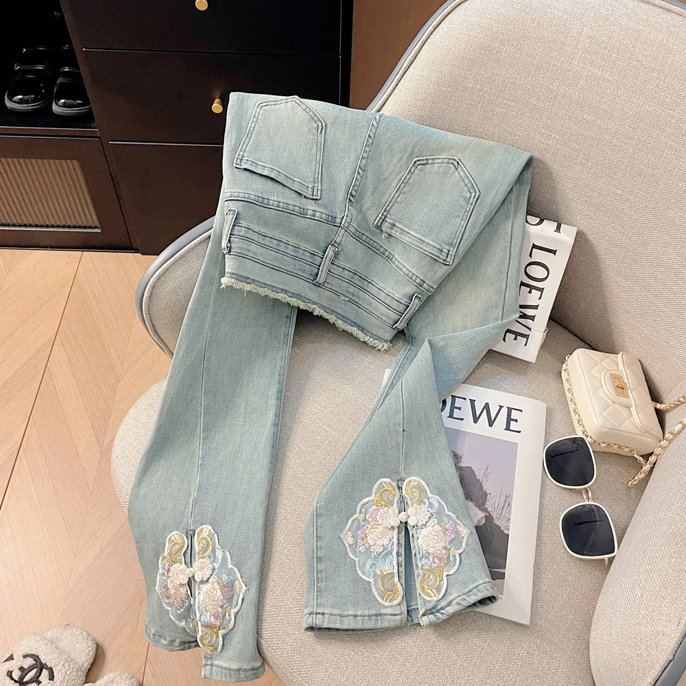 Elegant Embroidered Heavy Embroidery Frayed Hem Denim Jeans Women Early Spring American Korean Style Elastic Slim Micro Flare...