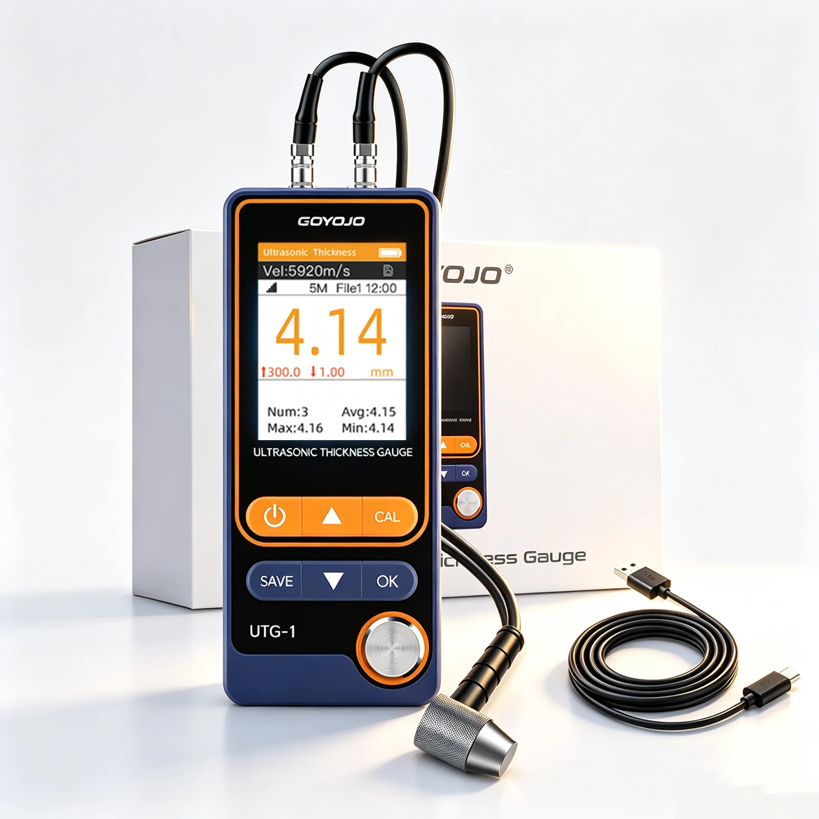Digital Ultrasonic Thickness Gauge UTG-1, Range 0.039 to 11.81 in | with 5Mhz Probe NDT Wall Thickness Tester for Measuring Metal and Nonmetals Materials, Steel, Cylinder Wall, Plastic, Glass, PVC, Pipes