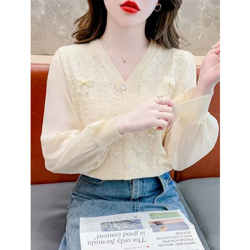 New Women Clothing Spring Autumn Korean Fashion Bow Chic Sweet Patchwork Knitwears Female V Neck Long Sleeve Loose Pullover Tops