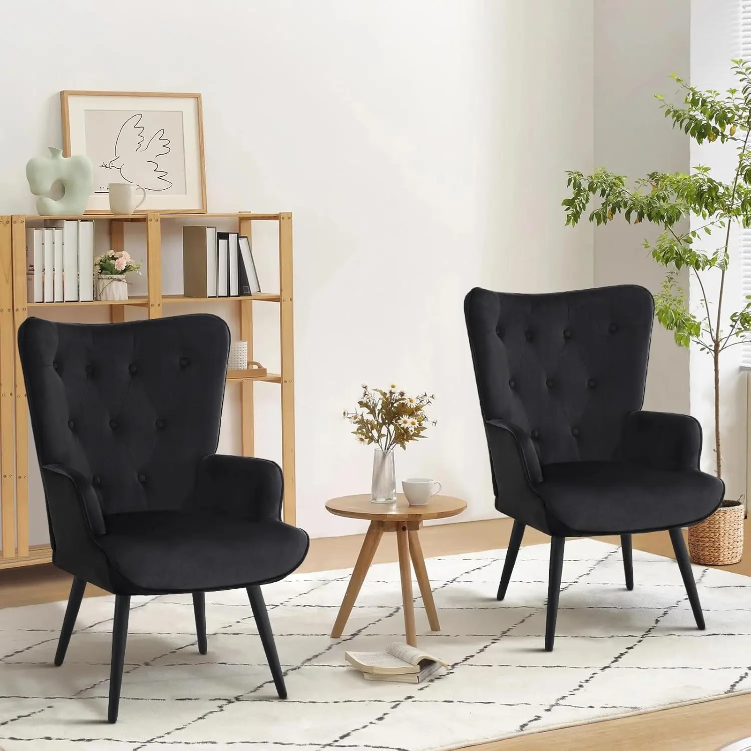 Juego de 2 sillas decorativas de terciopelo negro, silla de lectura, sillón con respaldo alto, dormitorio, sala de estar