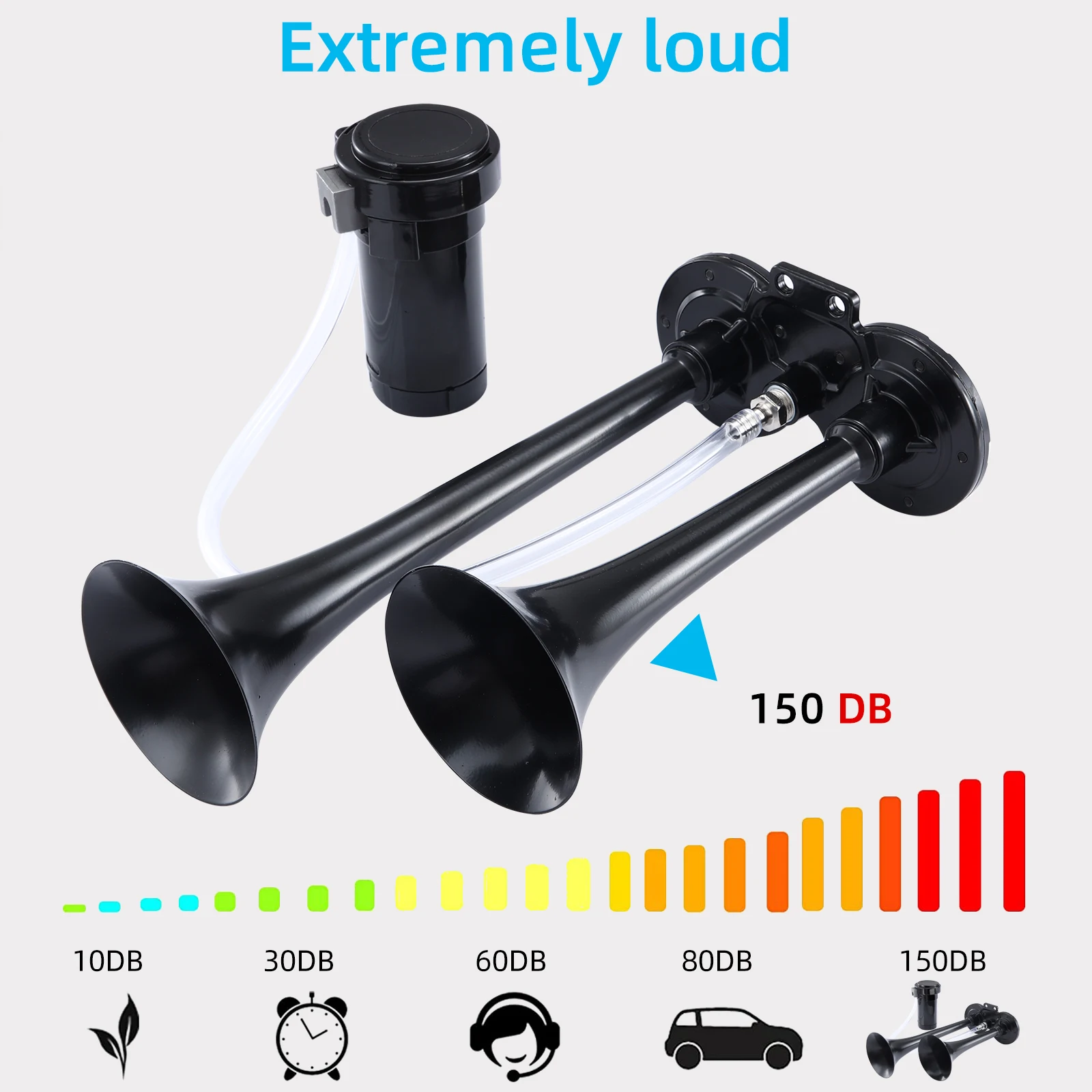 

Electric Air Horn 150DB Super Loud Train Horns Kit with Air Compressor for Car Truck SUV Boat Motorcycle Double Tube Zinc Horn