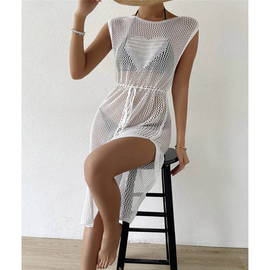 Neues, durchsichtiges, gehäkeltes, gestricktes Strandkleid mit Ausschnitten, Bikini-Überwurf, zweiteiliges Strandkleid, Strandmode, Damen V4221 – Detail 11