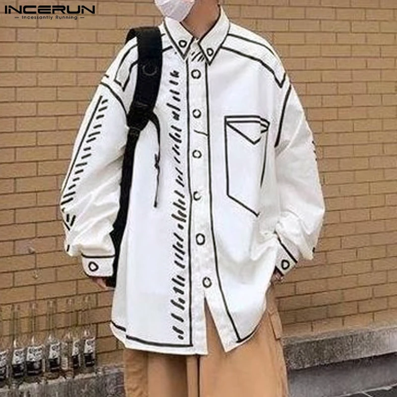 Handsome Hot Sale Clothing INCERUN Men's 2024 Manga Cartoon Printed Line Shirt Fashion Hot Sale Loose Long Sleeved Blouse S-5XL