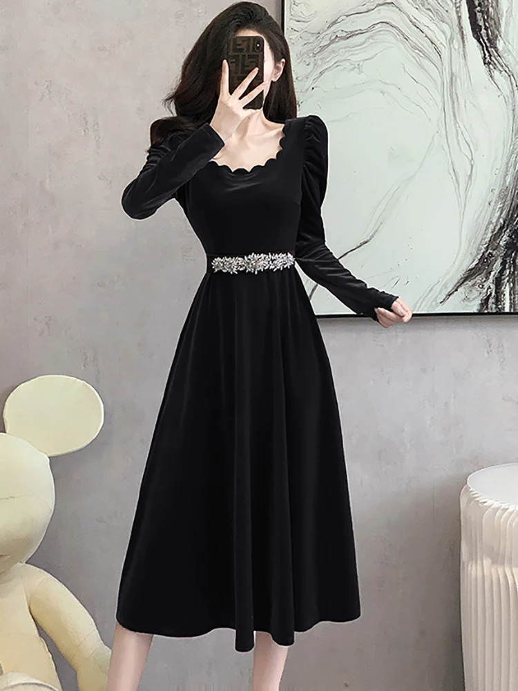 Female Velvet Chic Diamonds Bandage Long Dress Autumn Winter Elegant Luxury Evening Dress 2024 Korean Vintage Bodycon Prom Dress