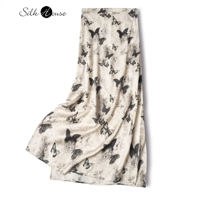 

21MM Retro Premium 100% Natural Mulberry Silk Jacquard Satin Butterfly Printed Women's Fashion Heavy Pouch Skirt