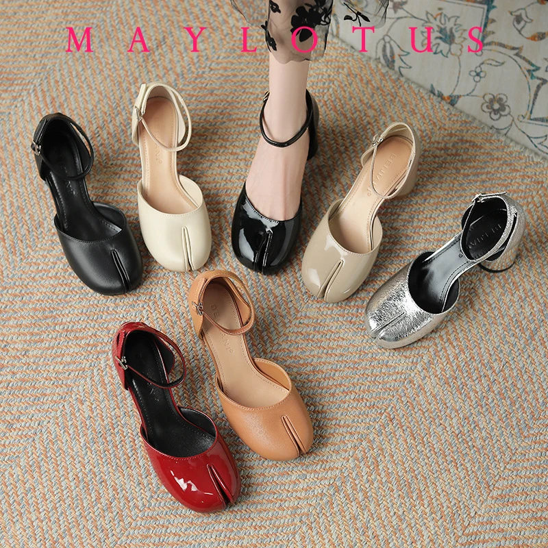 Split Toe Shoes 8cm High Heel Tabi Shoes Elegant Patent Leather Women Footwear Ankle Strap Buckle Lady Moccasins Shoes