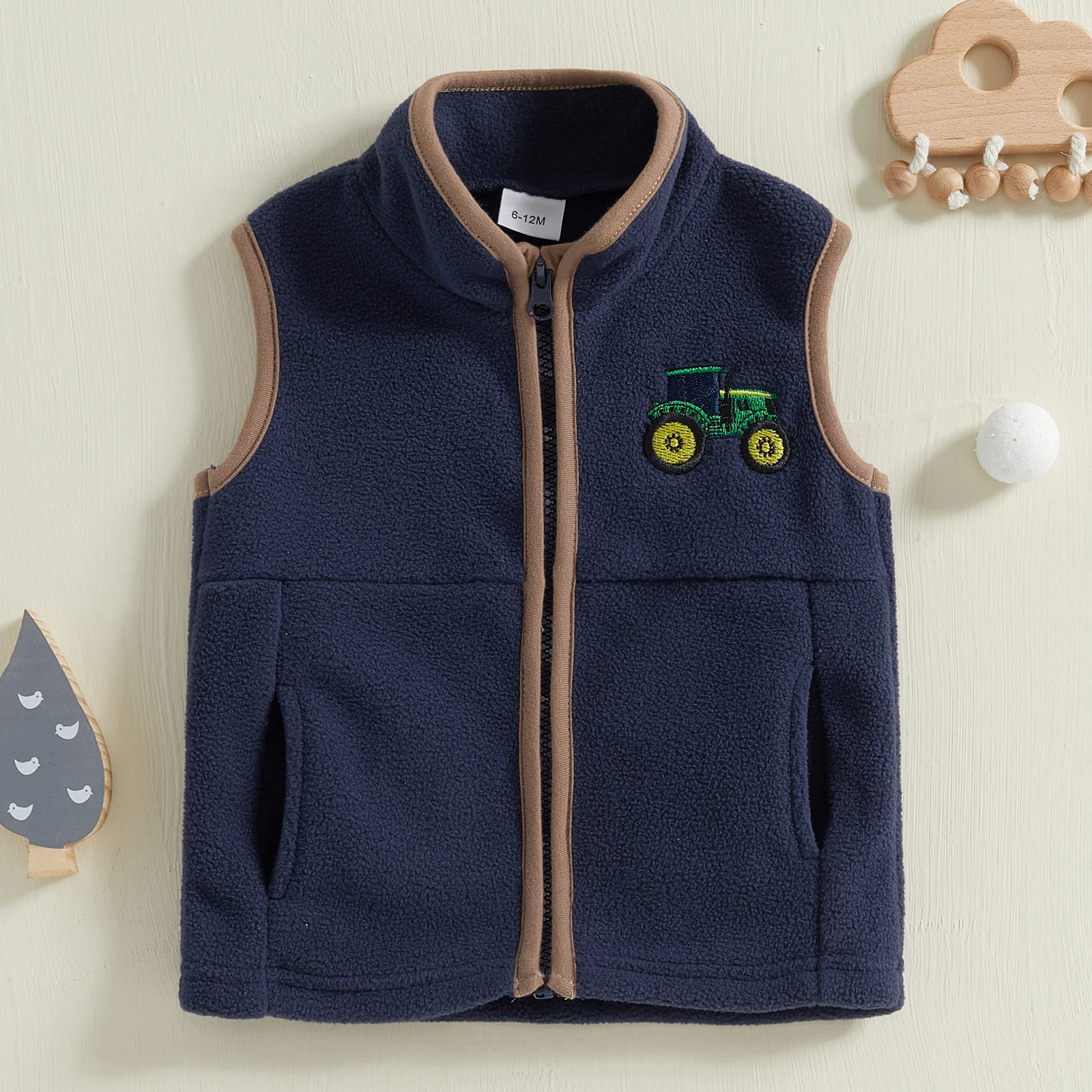 Boys Autumn Casual Vest Coat Sleeveless Stand Collar Zip Up Tractor Embroidery Fleece Vest Jacket Boys Outwear