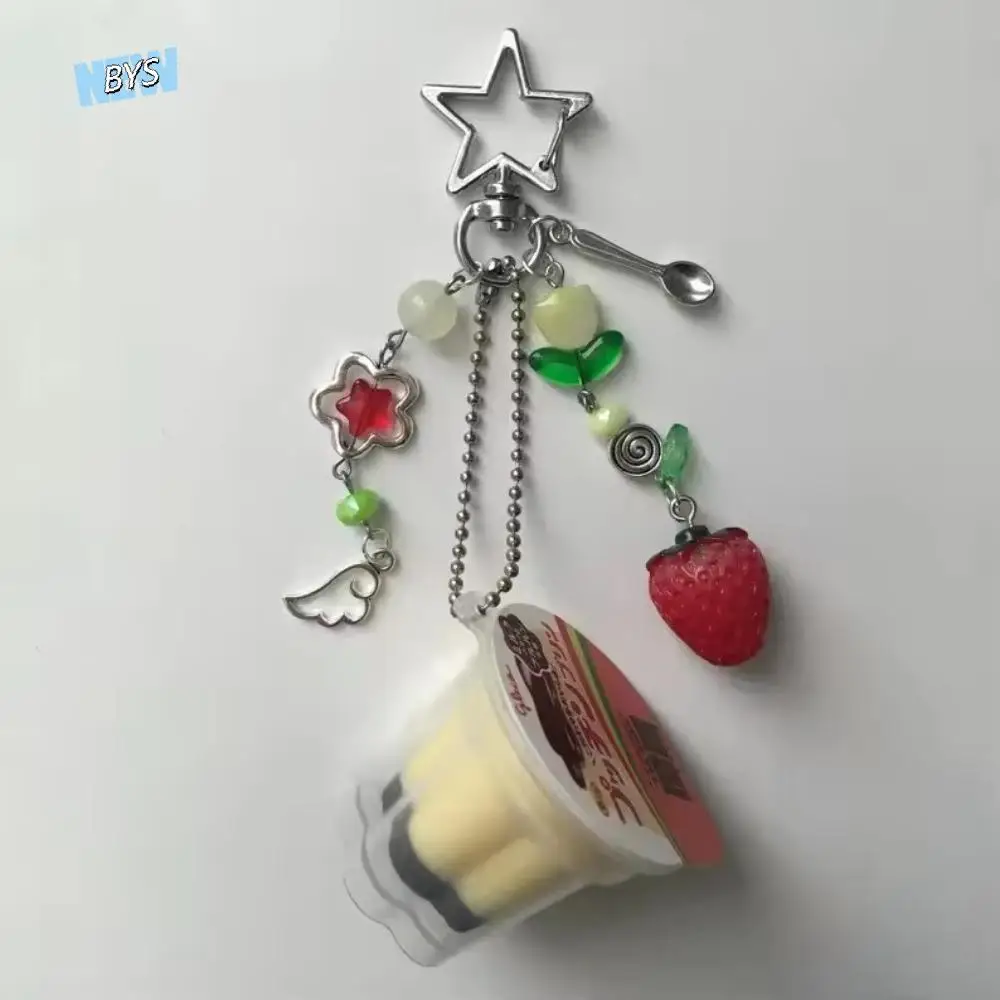 Heisei-Llavero de pudín japonés Retro, cuentas coloridas, tulipán de fresa, colgante Y2K, decoración de bolso con cuentas, abalorio de Flan de huevo Kawaii
