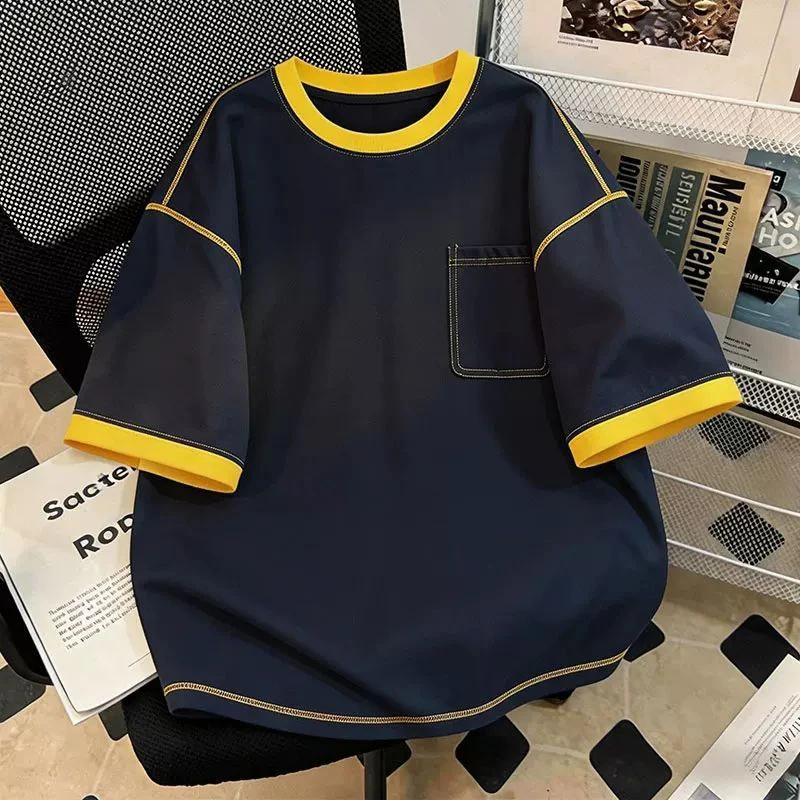 2026 Summer Men American Contrast Stitch Crew Neck T Shirt Loose Breathable Casual Pocket Oversized Short Sleeve Streetwear Tee