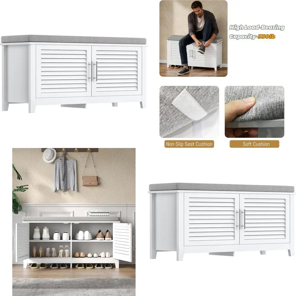 

2-Tier Shoe Storage Bench, 39.4 Wide Entryway Bench with Removable Cushion & 2 Doors, Adjustable Shelf, Storage Bench for Entryw