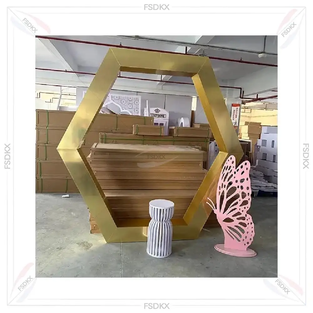 

Shiny Gold Events Decor Hexagon Mirror Gold Metal Backdrop Stand Arch for Wedding Party