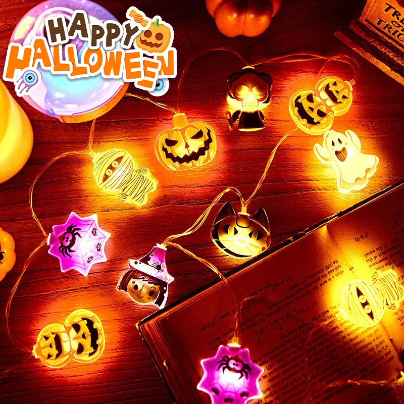 10/20 LED Halloween String Lights Battery Powered ,With Ghost Witch Cat Pumpkin Spider Web Skeleton Mummy Pirate Shape Indoor