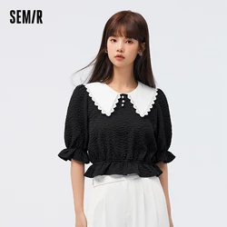 Semir Women Short-Sleeve Blouse Short Lace Collar Shirt Embodying Cute 2024 Summer New Arrival Floral Shirts Women