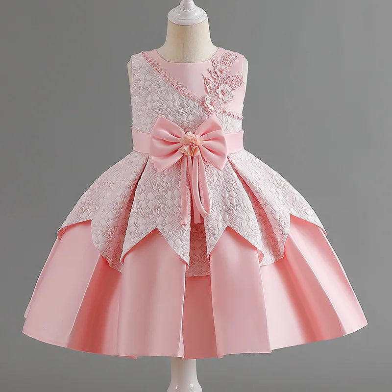 

New 2024 Baby Girls High Quality Lce Flower With Pearl Infant Kids First Princess Brithday Party Dress Toddler Clothing