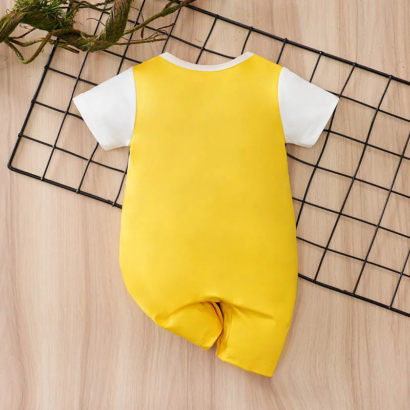 Newborn Baby Unisex Summer Giraffe Ear Fake Suspender Short Sleeve One‑Piece  Spandex Stretch Breathable Daily Jumpsuit 0‑18M