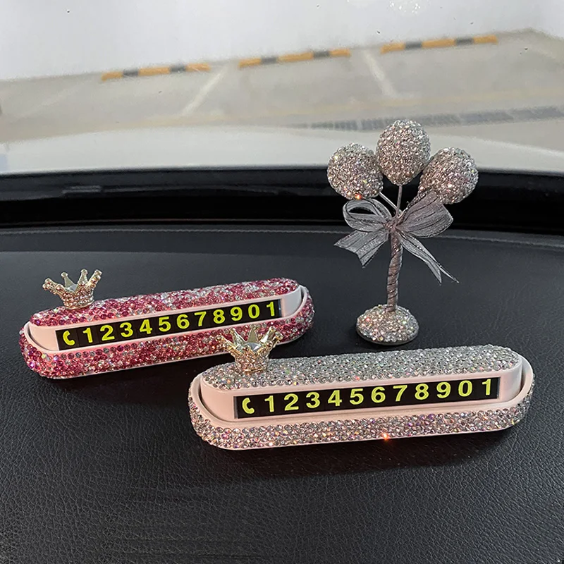 Creative Crown Rhinestones Temporary Car Parking Card Phone Number Card Plate Telephone Number Card Crystal Flower Car Stickers