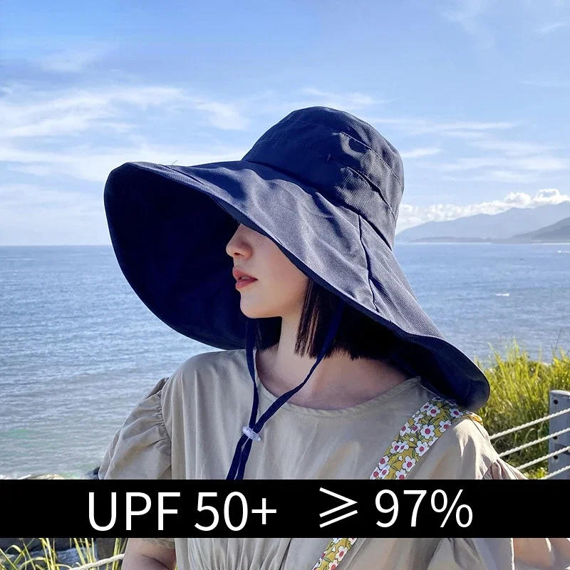 Breite Krempe UPF 50+ Sonnenhut Damen Anti-UV-Schutz Wandern Fischermütze Falten Sommer Solide Strandhut 2023 Doppelseitiger Sonnenhut