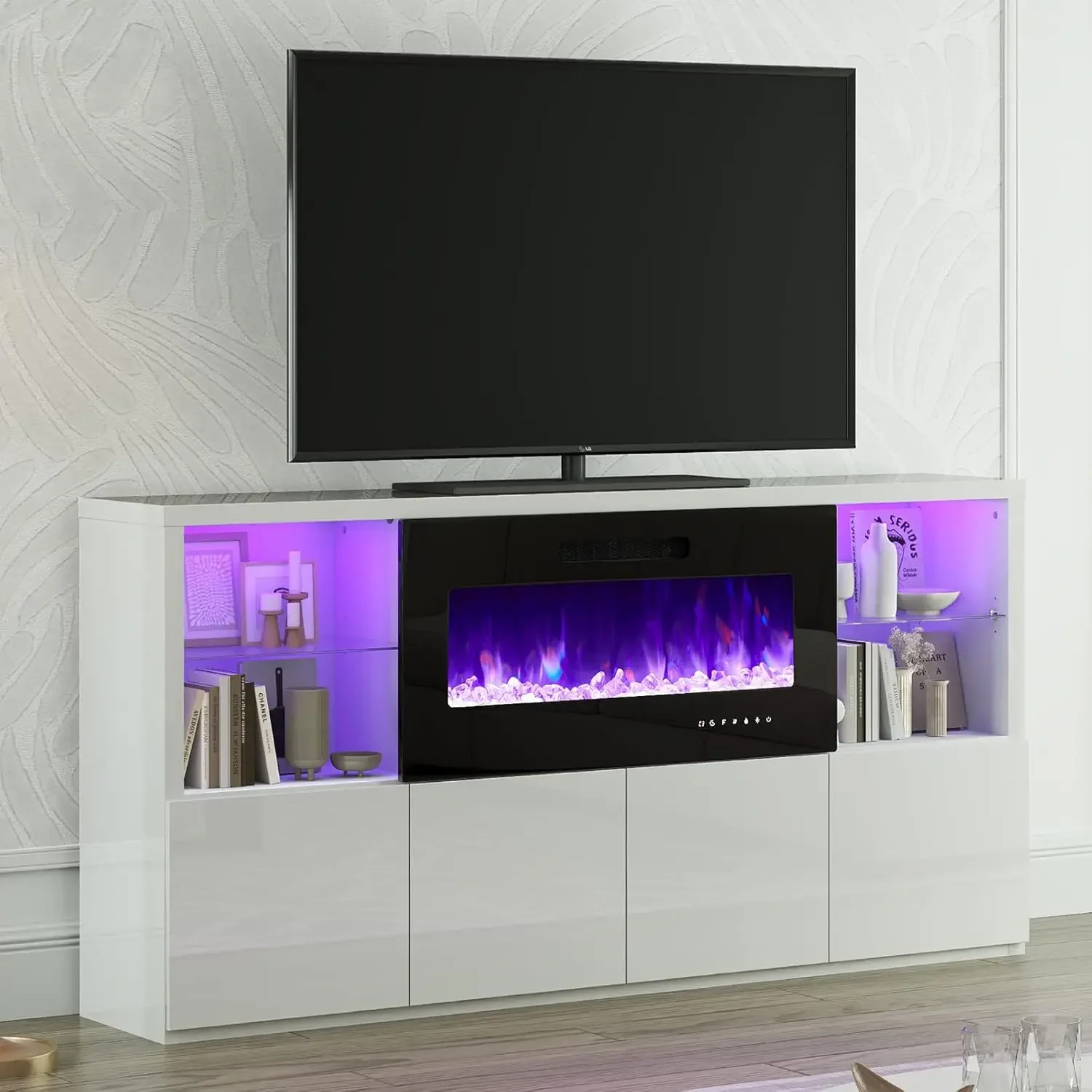 

Modern Fireplace Stand for TVs up to 75", High Gloss Entertainment Center with 40" Fireplace, 4 Shelves & Storage Cabinets