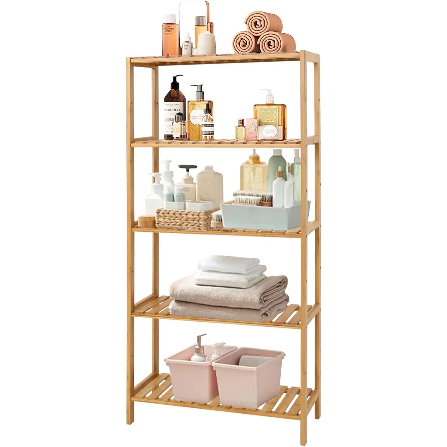 5-Tier Bamboo Free Standing Storage Rack Shelf Multifunctional Bamboo Shelving Unit Bathroom Kitchen Living Room Holder