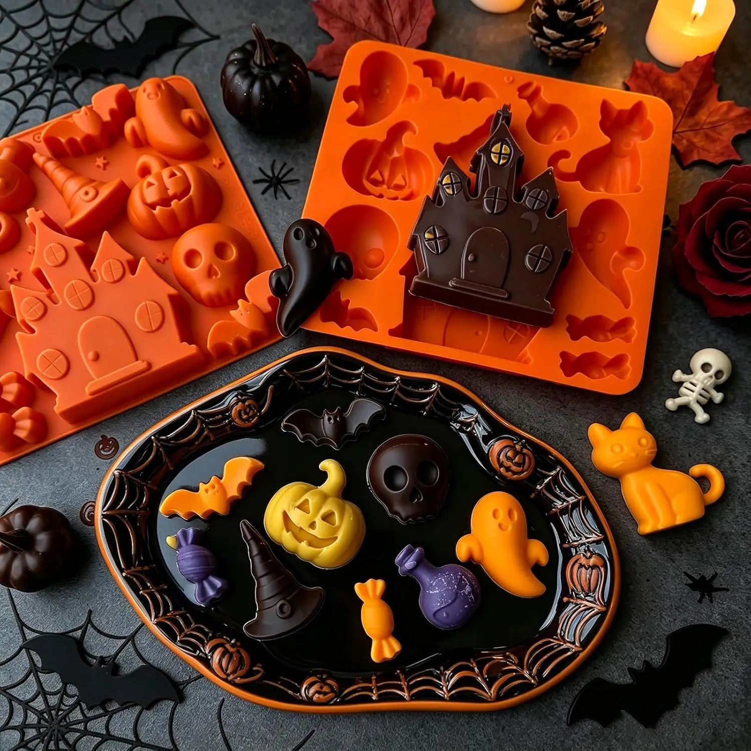Mousse Silicone Mold for Baking 3D Haunted Castle Pumpkin Bat Shape Chocolate Decorating Tools for Halloween Theme Dessert Table