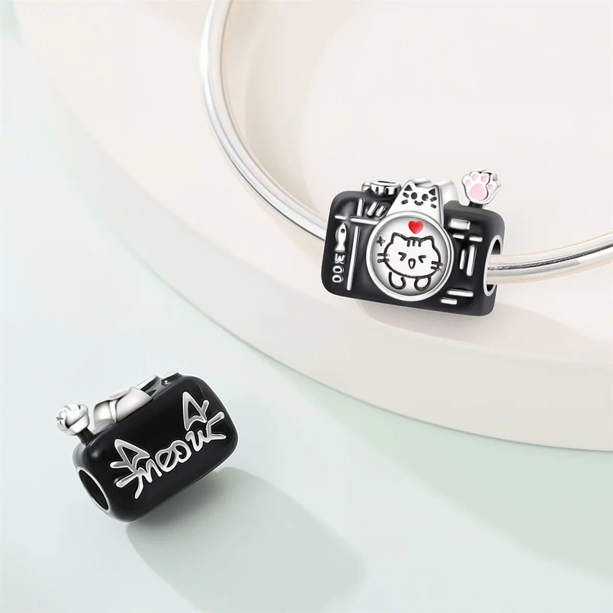 Fit 3mm Original Bracelets Necklace 925 Sterling Silver Cat Black Camera Charm Bead Women's Jewelry Accessories DIY