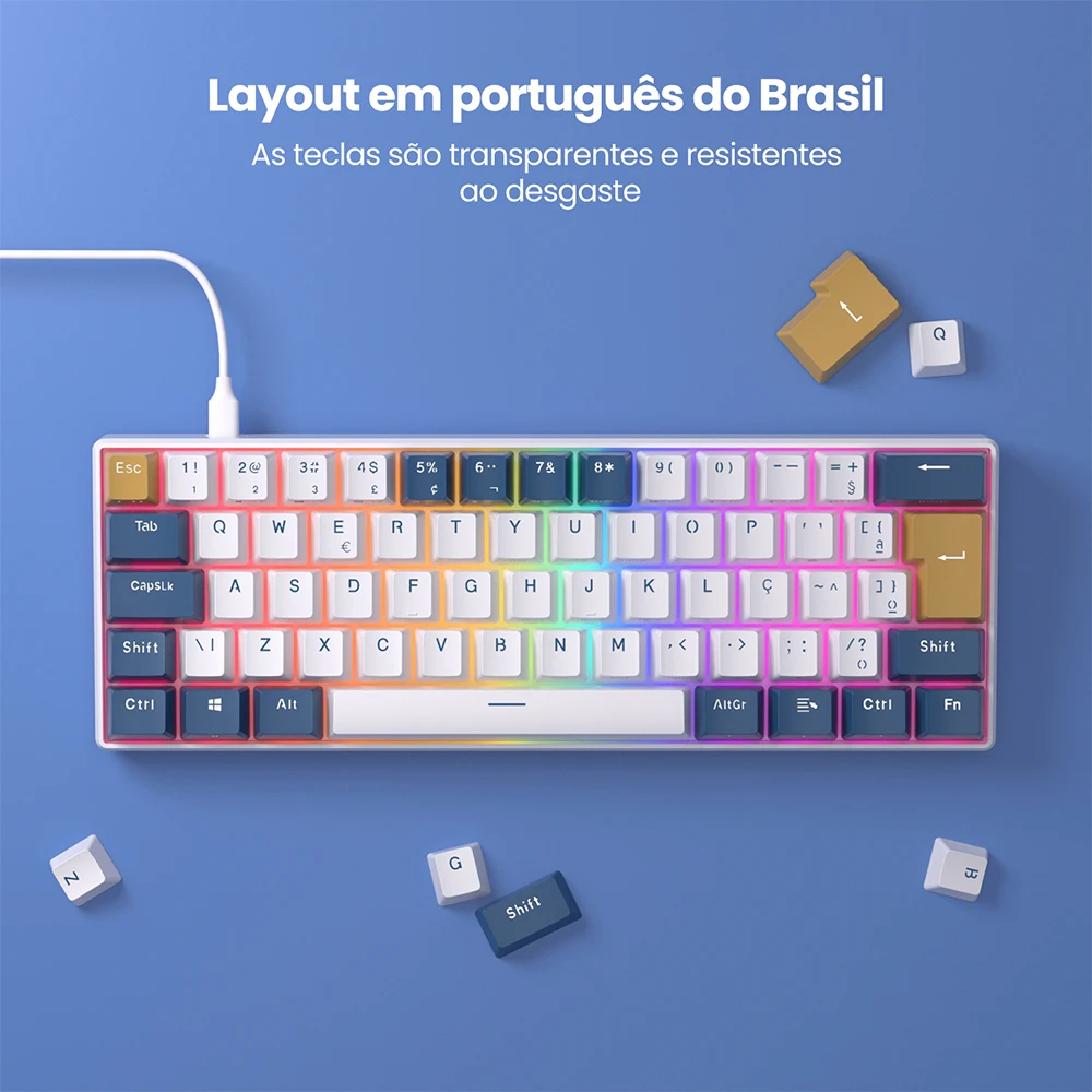 Imagem -02 - Royal Kludge Rk61 Teclado para Jogos Brasileiro com Fio 61 Teclas Rgb Teclados Mecânicos Retroiluminados Mini Teclas Abs com Hot-swappablesv