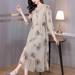 2024 Summer New Silk Short Sleeves V-Neck Dress Women's Printed Loose Large Mesh Spliced Slim Knee Length A-line Long Dress