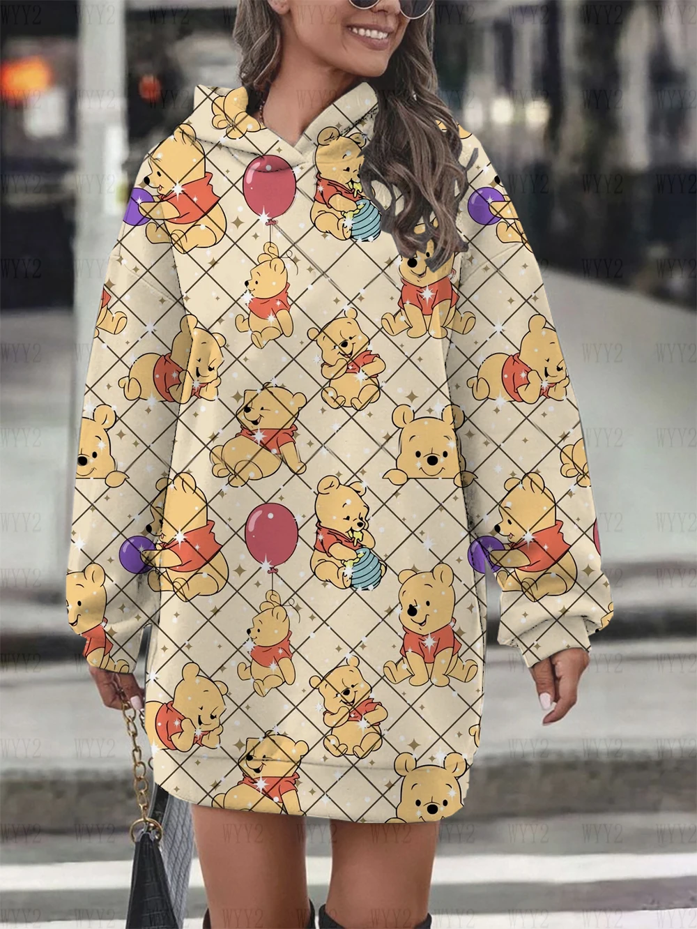 Disney-Muster Herbst und Winter Damen neues bedrucktes Kapuzenpulloverkleid locker lässig einfaches langärmeliges Kleid bequem