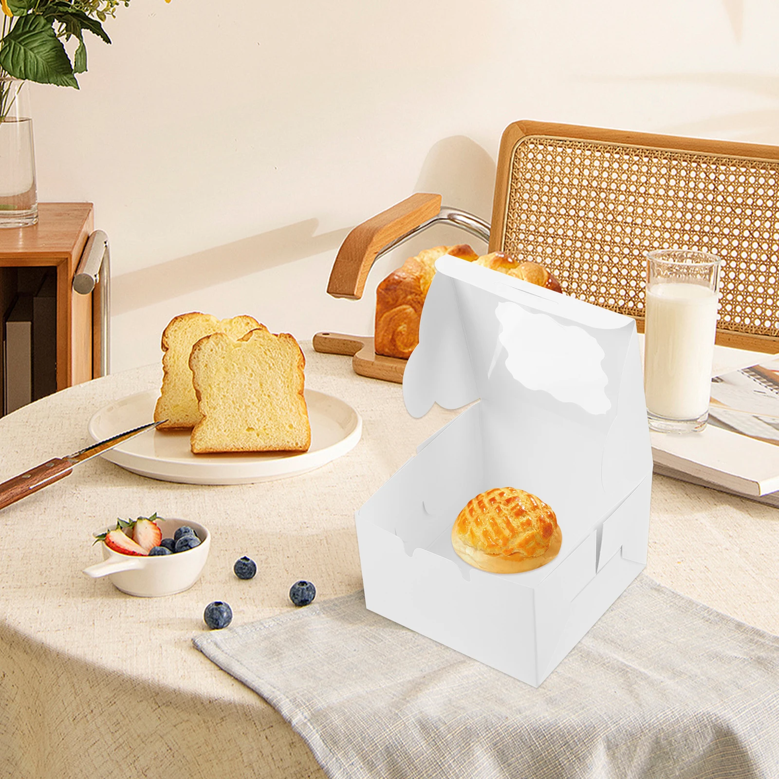 

50pcs White Card 4x4x25 Inch Bakery Boxes with Window for Cookies Cakes Donuts Desserts Treat Containers Bulk Packaging Safe