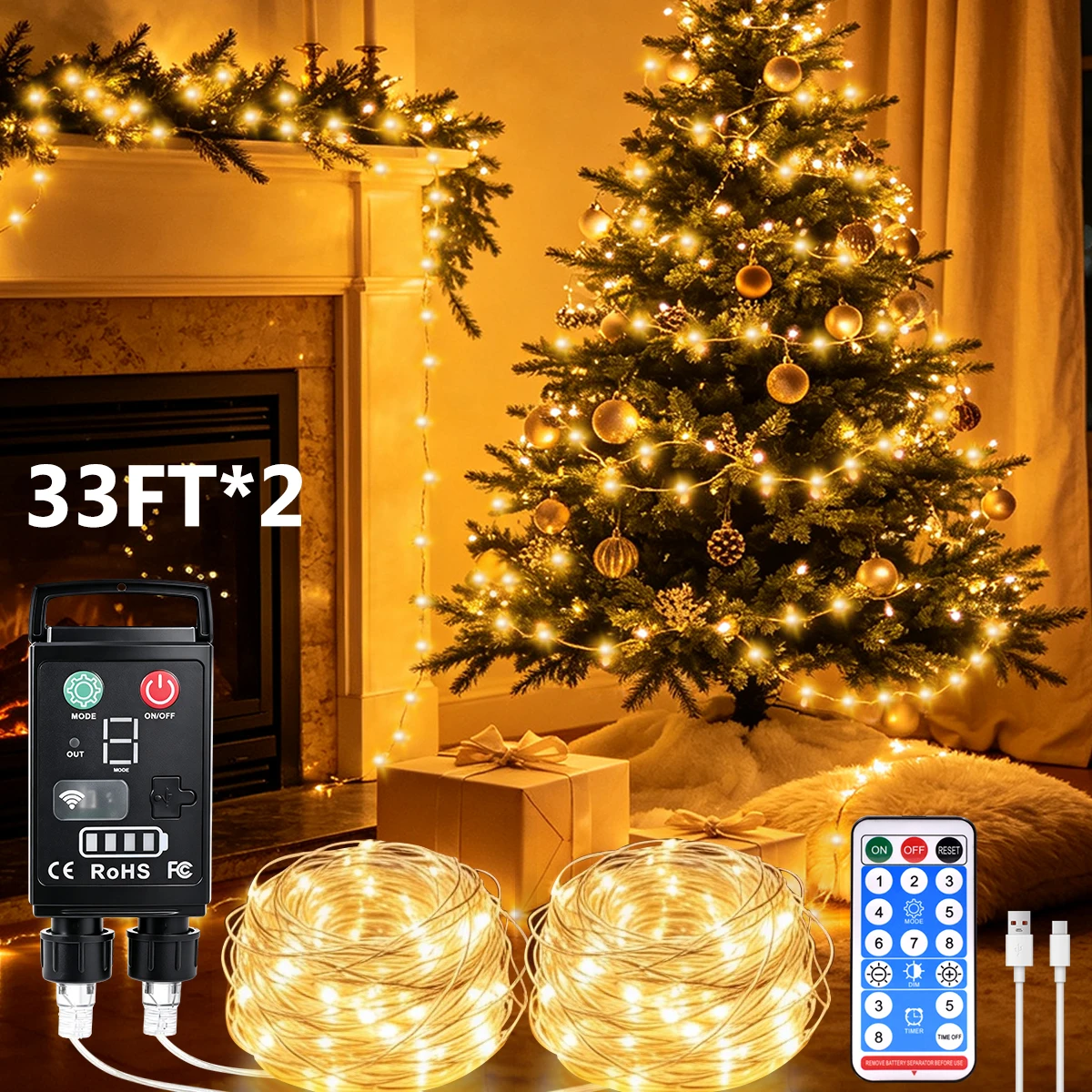 Fairy Lights 66FT 200LED Cool White String Lights Battery Powered Waterproof for Patio Garden Party Wedding Christmas Tree Decor