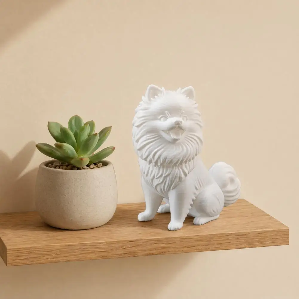 Fun Figurine 3d Printed Pomeranian Dog Figurine White Twisting Head Puppy Statue Small Desktop Ornament for Home Office Decor