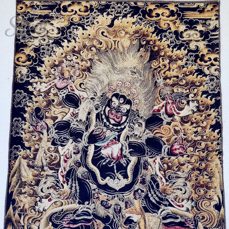 35.4″ Black Gold Six-Armed Mahakala Brocade Tibetan Tangka Embroidery Painting Gold Thread Embroidery
