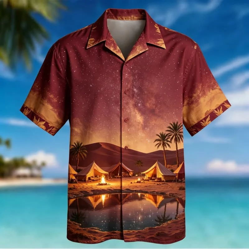 Men's Beach Sunset Vacation Style Evening Printed Short Sleeved Shirt, Suitable for Daily Wear During Summer Travel