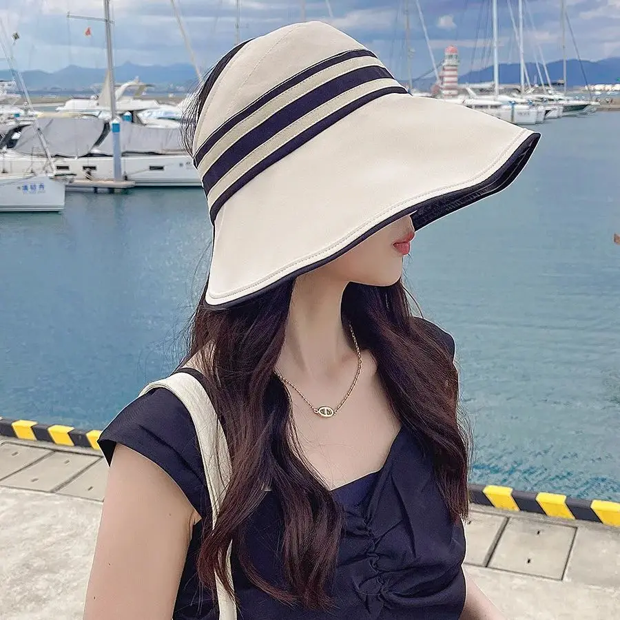 UPF50 + High Sun Protection Vinyl Large Brim Striped Hollow Hat Ladies Outdoor UV Folding Sun Hat Beach Vacation