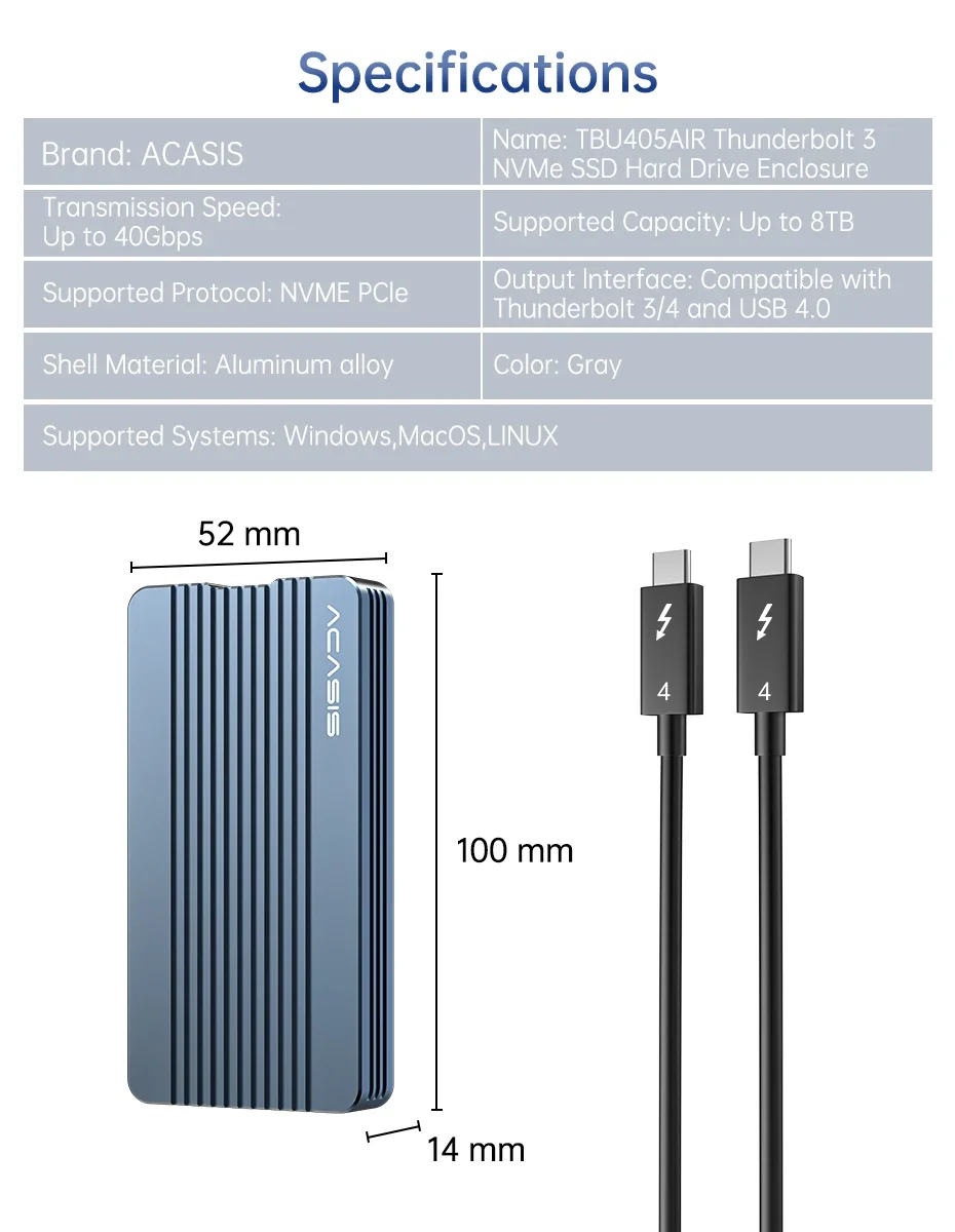Acasis 40Gbps USB 4.0 NVME M.2 SSD ケース互換アルミニウム M2 外部