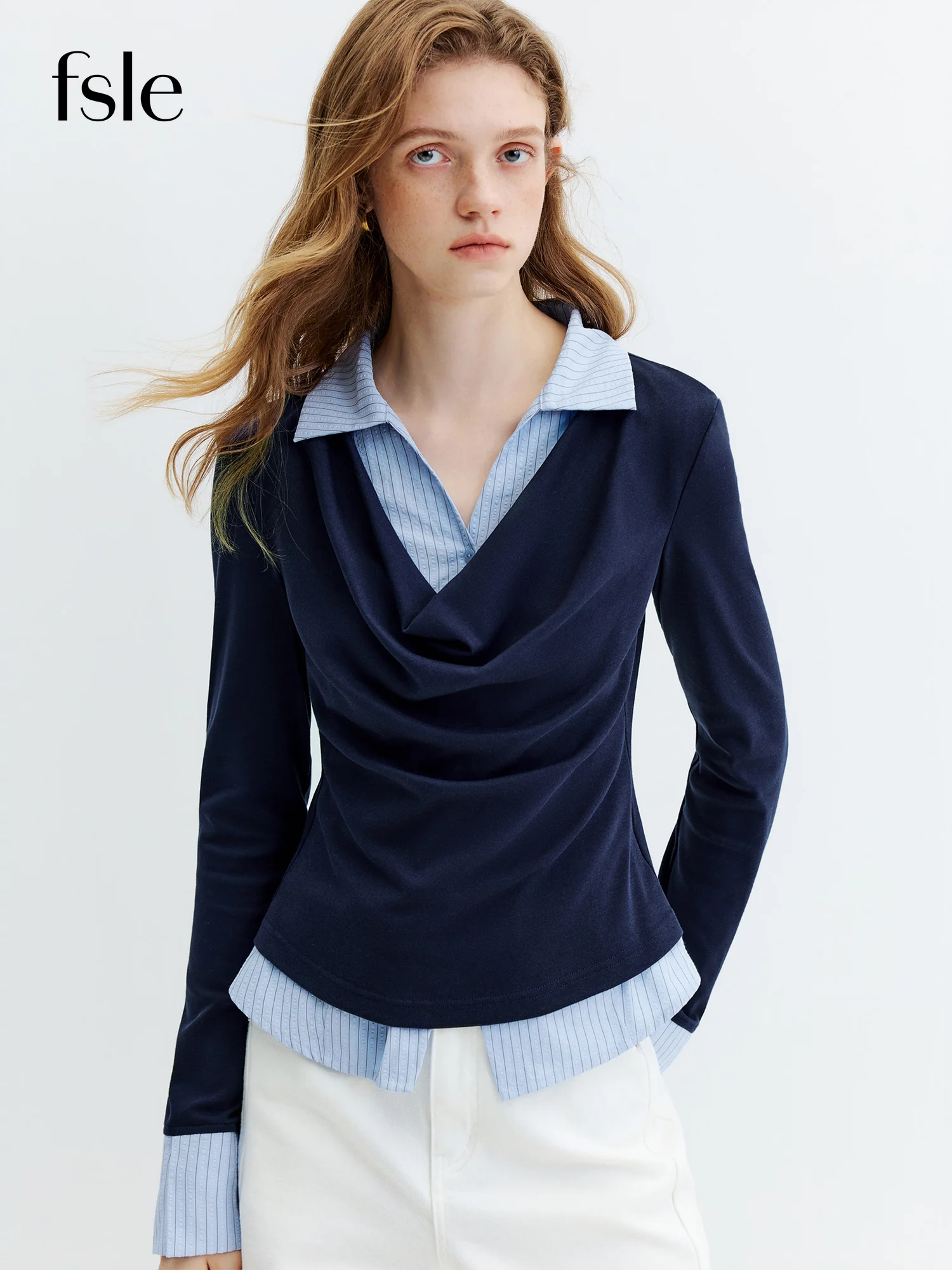 Chemise FSLE pour femme, nouvelle collection automne 2026, style color block avec effet deux-pièces et manches longues, en coton, style coréen