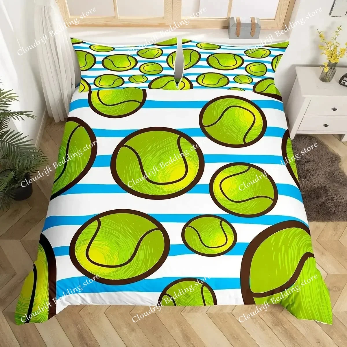 

3D Tennis Bedding Set Full Size Sports Theme Comforter Cover Tennis Ball Games Yellow Duvet Cover Black White Quilt Cover