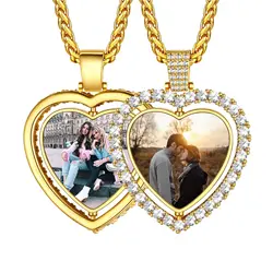 Customized Heart Photo Necklace Bling CZ Rotatable 2-Side Picture Pendant Valentine's Jewelry Gift for Women Mom Girlfriend