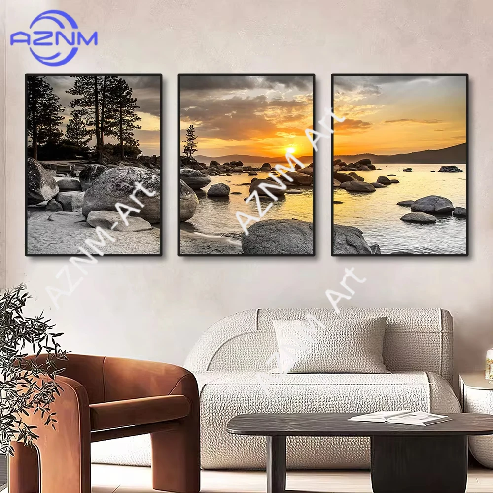 1/3 Stück, rahmenlose Leinwandgemälde, Sonnenuntergang, Meer, Strand, natürliche Landschaft, Poster und Drucke, Wandkunst, Bild für Wohnzimmer, Zuhause