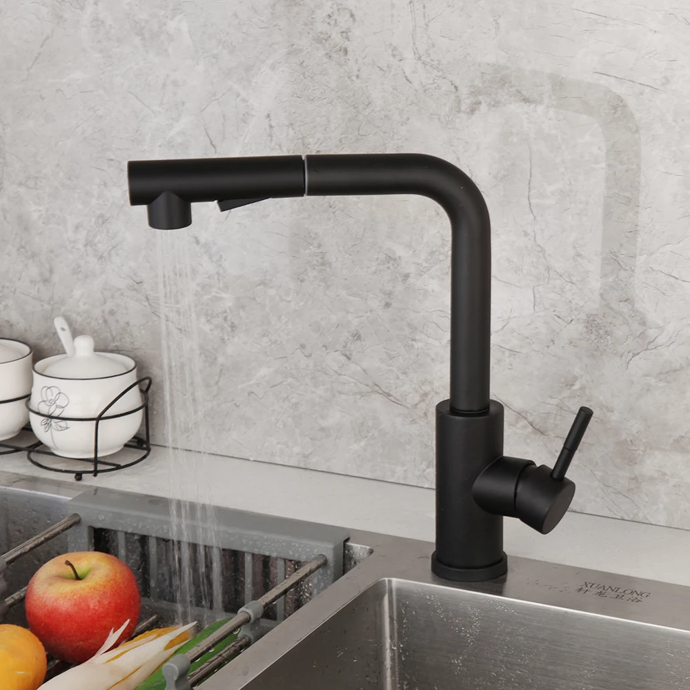 

YANKSMART Matte Black Rotation Kitchen Faucet Pull Out Faucet Deck Mounted Mixer Single Hole Hot And Cold Mixer Water Tap