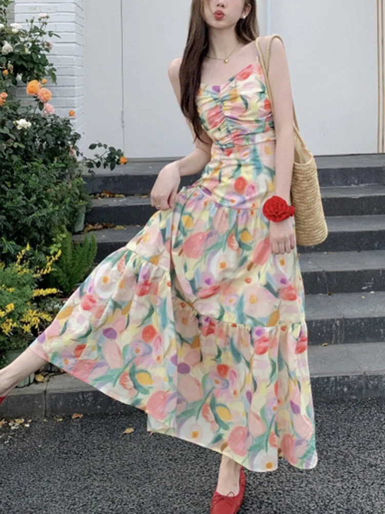 Vestido de gasa con estampado floral de verano ter Ne Long Dr Vaion Sle para mujer, cintura alta, corte en A, silueta Svel