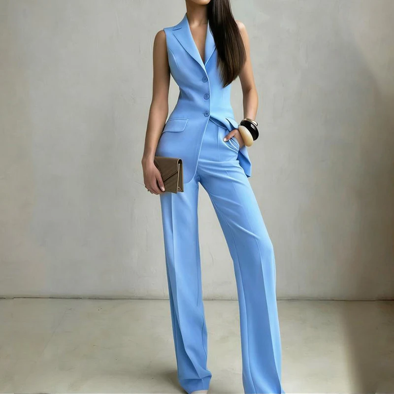 

Temperament High Waist Party Outfit Blue Slim Fit Summer Two Piece Set New 2026 Lapel Sleeveless Top and Pants Office Suits