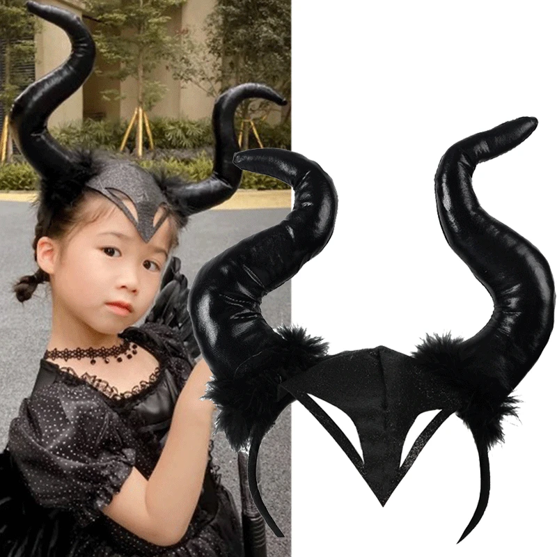 Gothic Halloween Cosplay Hair Accessories Realistic Black Long Devils Horn Headband Carnival Party Bandana Hairband