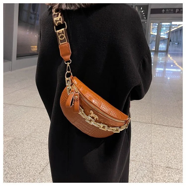 Thick Chain Women\'s Waist Bag Alligator Pattern Fanny Pack Fashion Shoulder Crossbody Chest Bags Banana Handbag Female Belt Bag