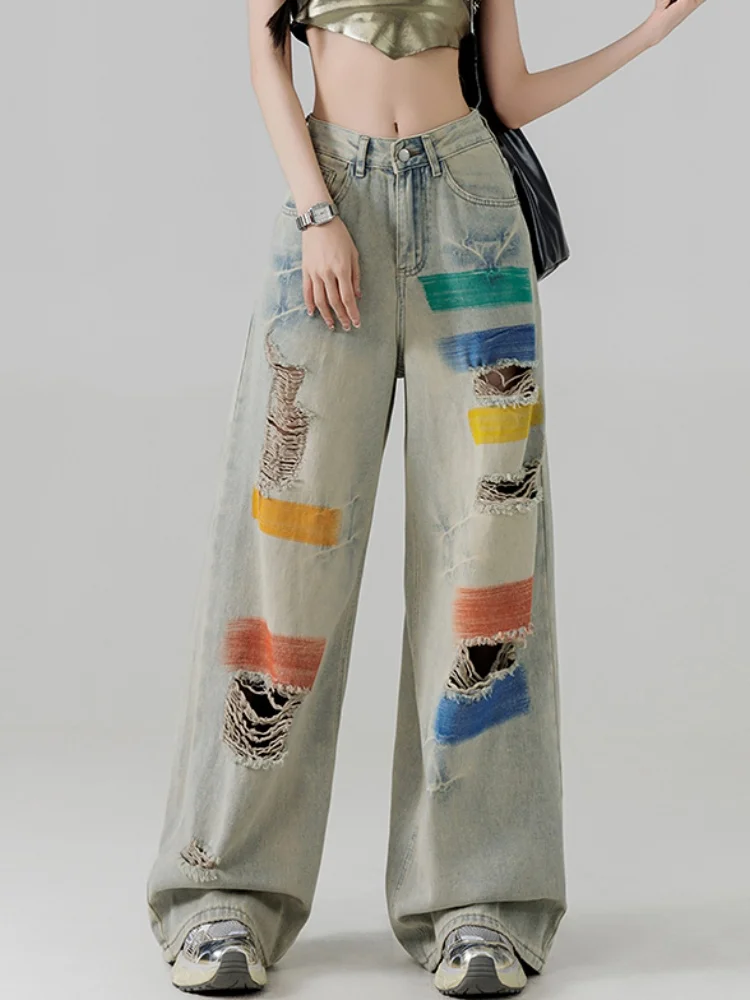 

New Fashion Graffiti Ripped Denim Wide Leg Pants For Women 2025 Summer High Waisted Street Floor Mopping Straight Leg Pants