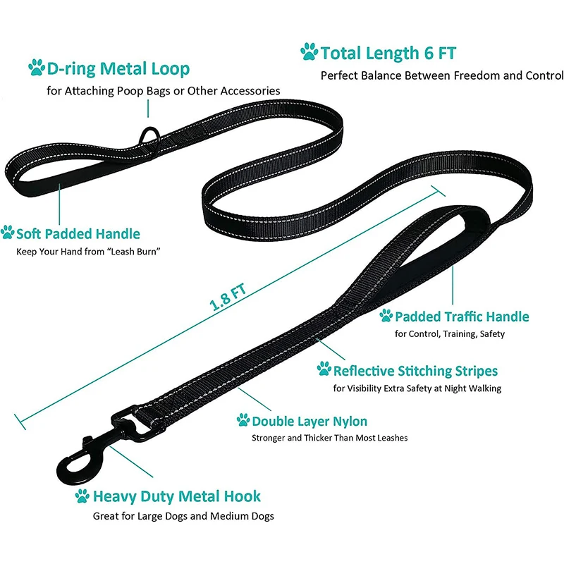 Reflective Solid Nylon Dog Leash with 2 Handles Fashion Design for Extra Control-Padded Traffic Handle for Medium to Large Dogs