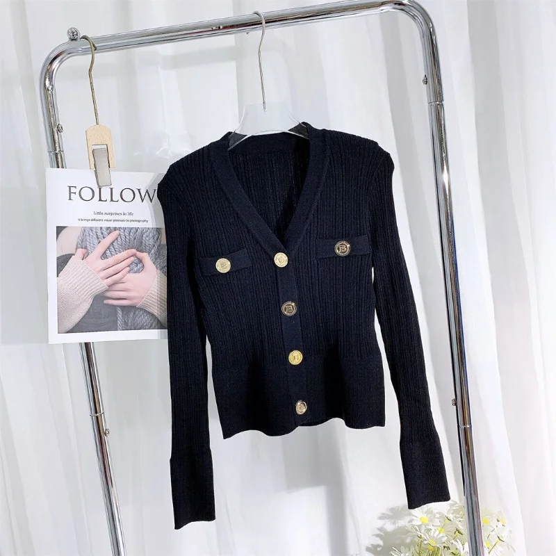 봄과 가을 신상 여성용 골드 버튼 클라인 블루 슬림 브이넥 긴팔 다용도 숏 니트 가디건